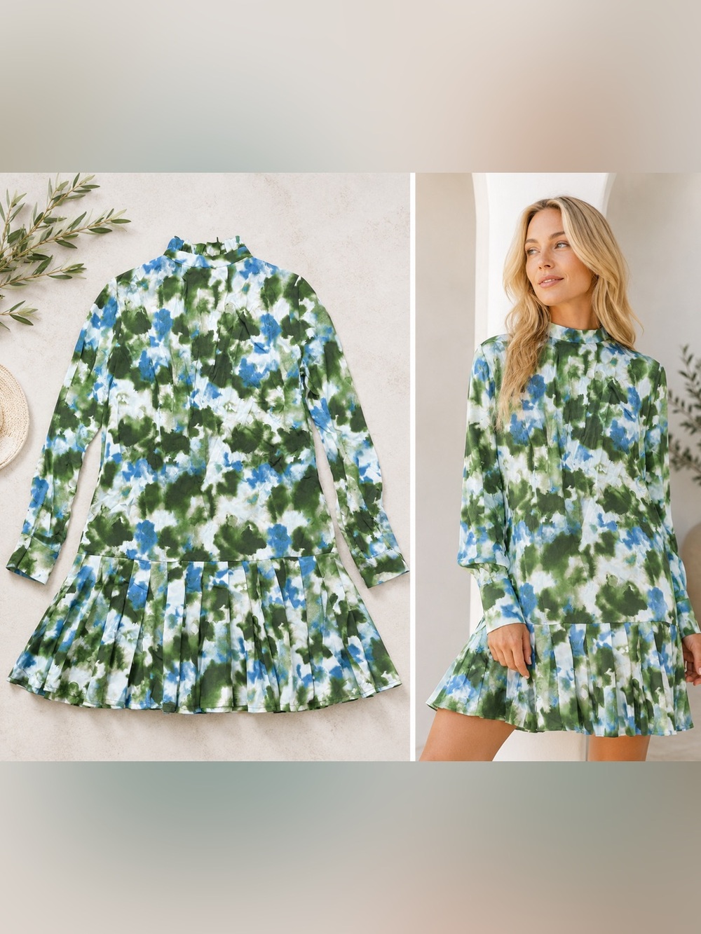 Tuckernuck Green, Blue and White Deep Lagoon Tate Long-Sleeve Mini Dress- NWT